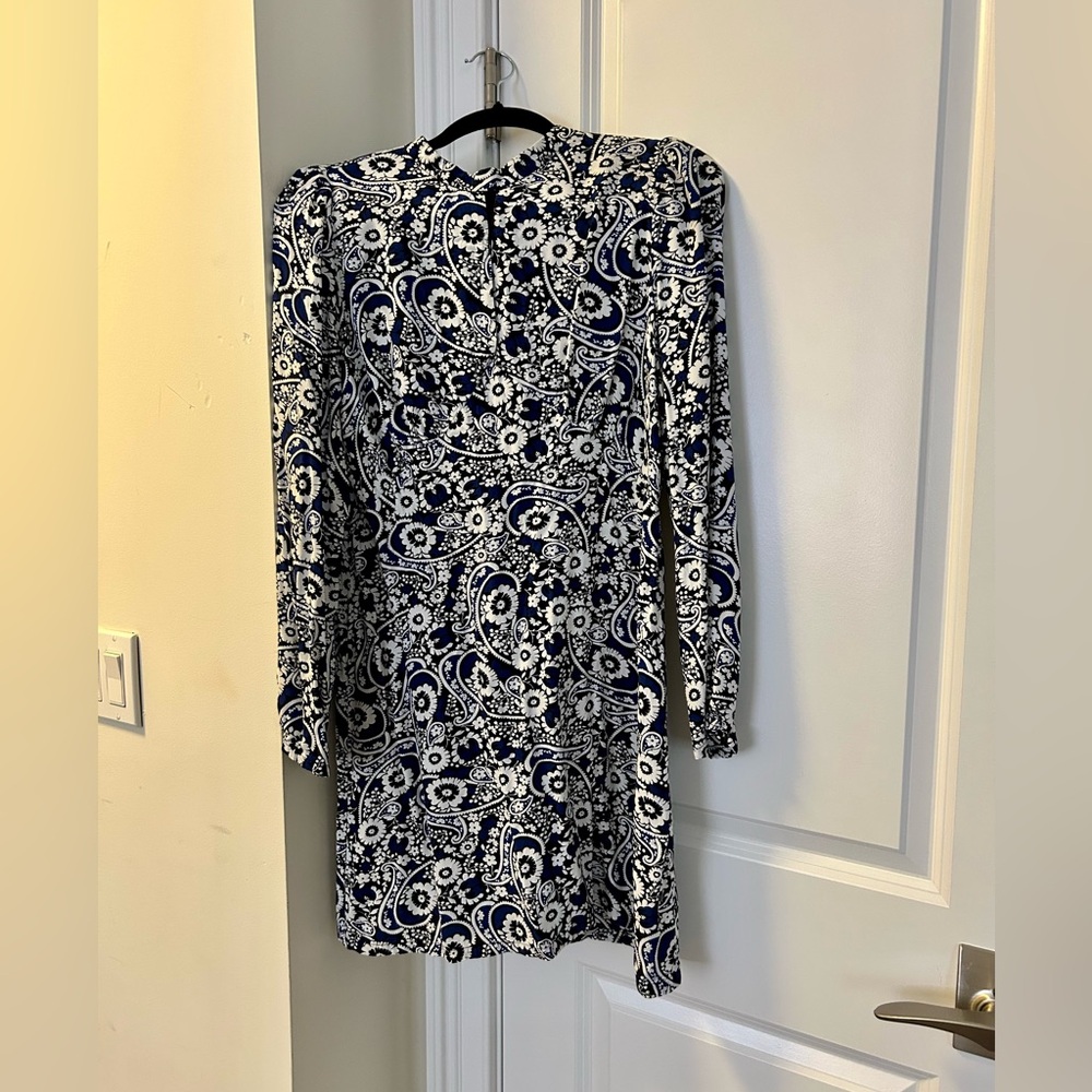 LOFT Blue and White Sheath Dress with Long Sleeves.